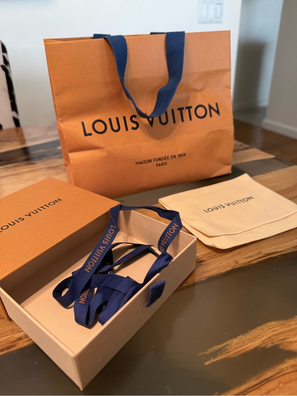 Louis Vuitton Orange Gift Bag, Box & Navy Ribbon Set